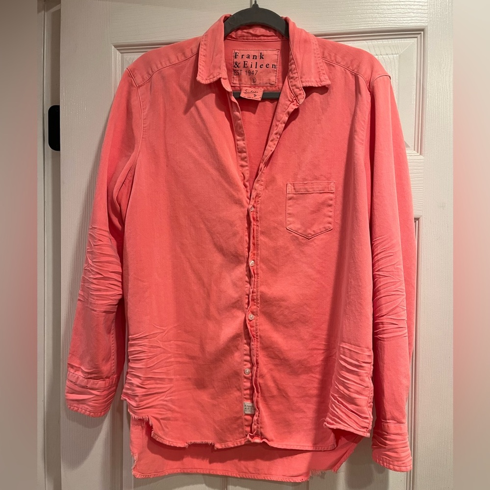 Frank & Eileen, Eileen “relaxed” fit, denim shirt in a bright orange/pink.